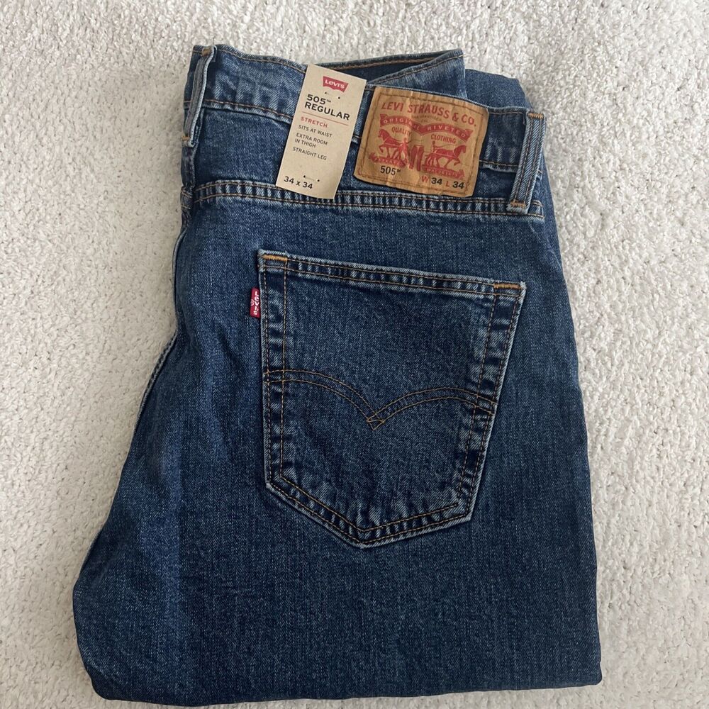 Levi's Jeans Mens 34 X 34 Stretch 505 Straight Leg Regular Fit Blue